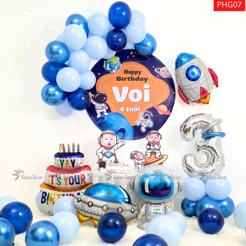 Set bóng trang trí sinh nhật chủ đề phi hành gia tone xanh dương đáng yêu dành cho bé PHG07