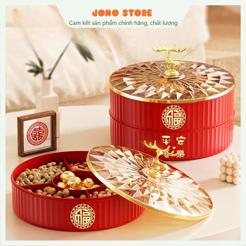 Khay đựng bánh kẹo, mứt Tết, hạt chia ngăn xếp tầng bằng nhựa cao cấp có nắp đậy Tết sum vầy
