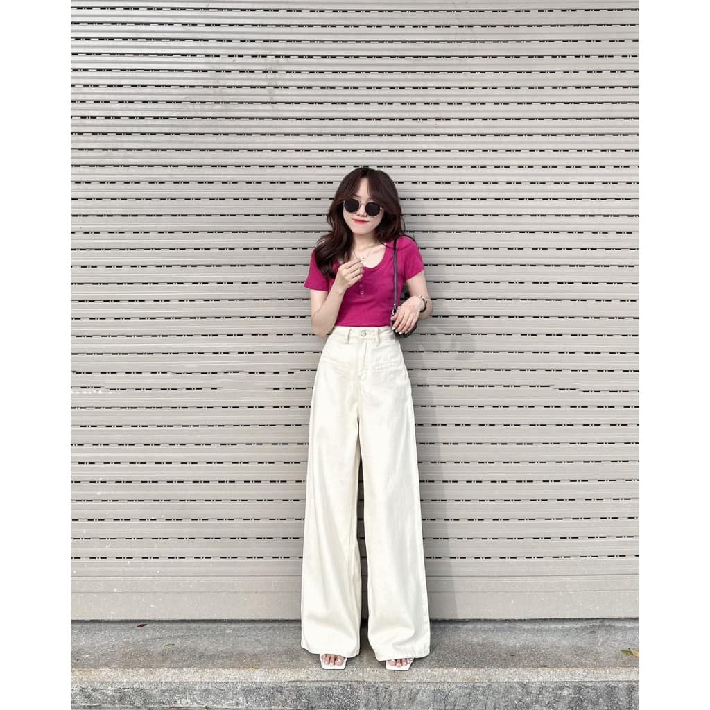 Quần jeans ống rộng line form to siêu hách dáng, quần bò ống rộng trắng có bigsize