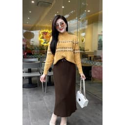 Chân váy len gân dài  chất len ép dày dặn co giãn freesize Evalover 8