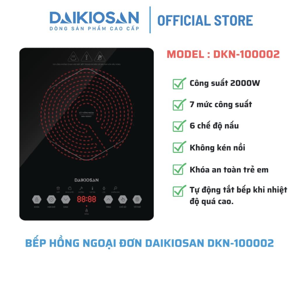 Bếp hồng ngoại đơn Daikiosan DKN-100002 công suất 2000W không kén nồi [Hỏa tốc 30 phút HCM]