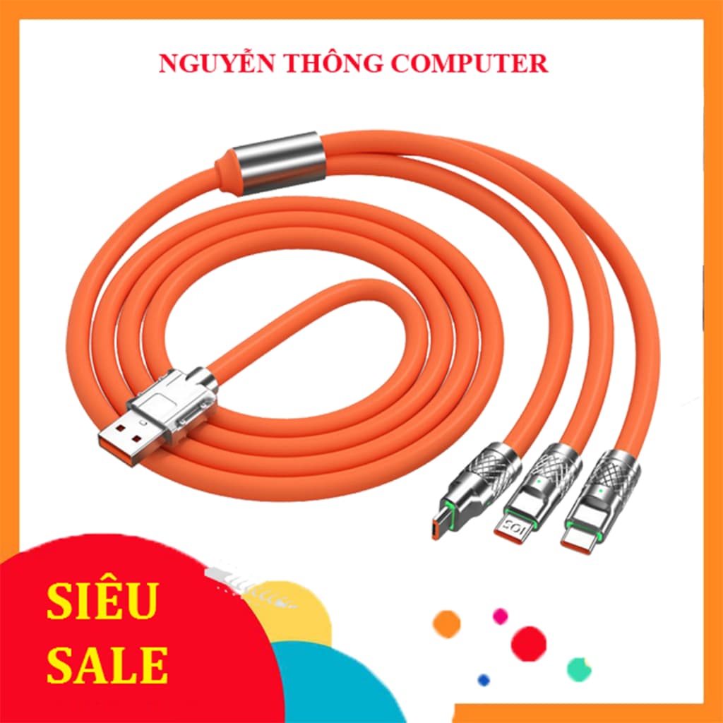 Cáp sạc nhanh 120w 6A  3in1 dây silicone đầu hợp kim kẽm cực bền và chắc chắn new box