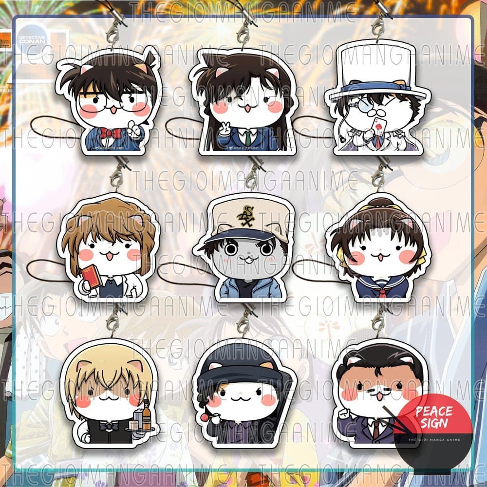 (mua 1 tặng 1) Móc dây treo điện thoại DETECTIVE CONAN ver MẶT MÈO in hình Thám tử lừng danh chibi mica acrylic anime