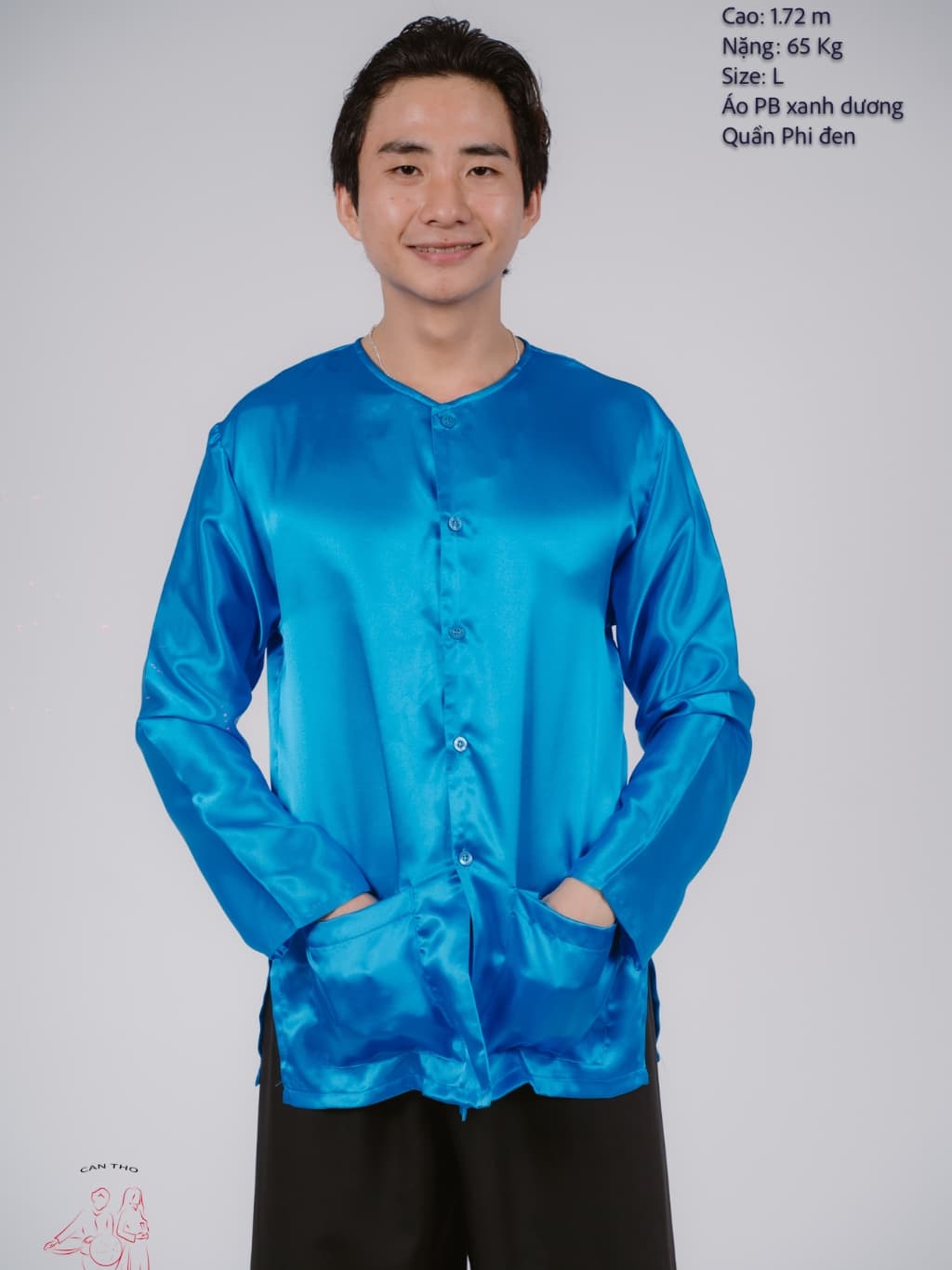 Bộ áo bà ba nam phối áo phi xanh dương + Quần phi đen - Có bộ bà ba Bigsize