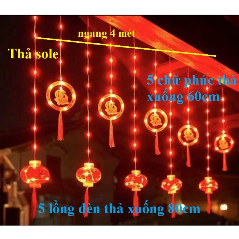 Dây đèn màn 5 chữ Phúc + 5 lồng đèn dài 4M. Gồm 5 lồng đèn thả xuống 80cm . 5 chữ phúc thả xuống 60cm. có đầu nối