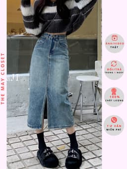 𝑨𝒏𝒏 𝑺𝒕𝒖𝒅𝒊𝒐 [SẴN]  Chân Váy Bò Dài Xẻ Trước Lưng Cao Y2K Cao Cấp, Chất Jean Dày Đẹp Dáng Suông Màu Xanh Retro 10