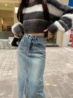 𝑨𝒏𝒏 𝑺𝒕𝒖𝒅𝒊𝒐 [SẴN]  Chân Váy Bò Dài Xẻ Trước Lưng Cao Y2K Cao Cấp, Chất Jean Dày Đẹp Dáng Suông Màu Xanh Retro 11