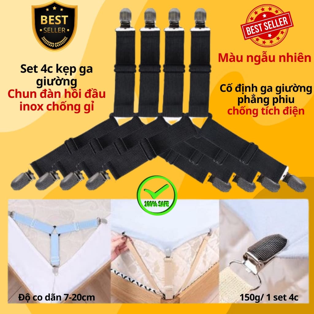 Kẹp ga trải giường chống xê dịch, set4c kẹp ga cố định và giữ phẳng drap ga phủ giường (Giao mầu ngẫu nhiên)
