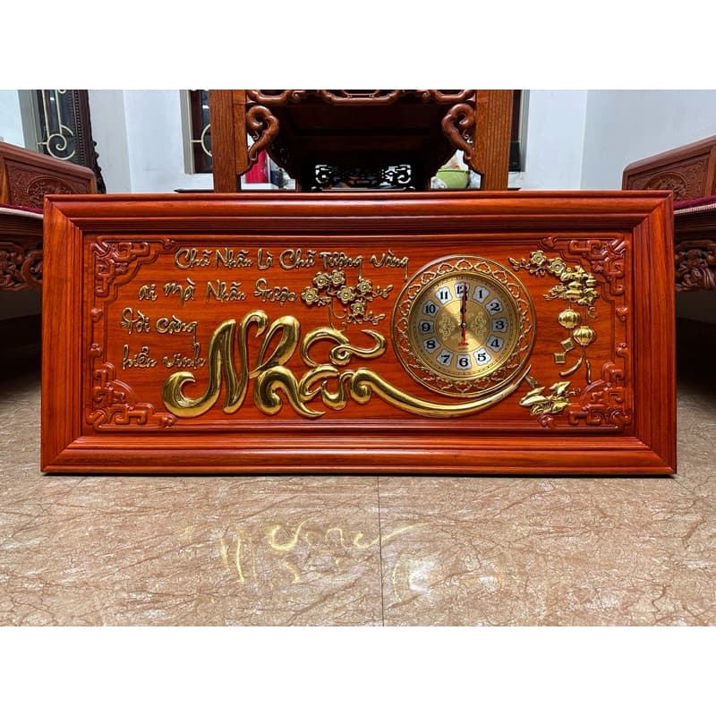 Tranh đồng hồ treo tường chữ nhẫn gỗ hương kích thước 48*108cm