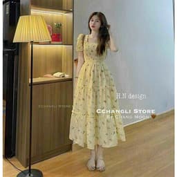 Đầm váy hoa nhí vàng nhún ngực họa tiết tay phồng cột nơ sau lưng dáng xòe, Váy maxi hoa nhí vàng cổ vuông dáng 3 tầng 3