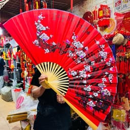 Quạt trang trí treo tường cỡ lớn, Quạt giấy trang trí tường khổng lồ hình hoa đào đỏ 2