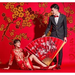 Quạt trang trí treo tường cỡ lớn, Quạt giấy trang trí tường khổng lồ hình hoa đào đỏ 1