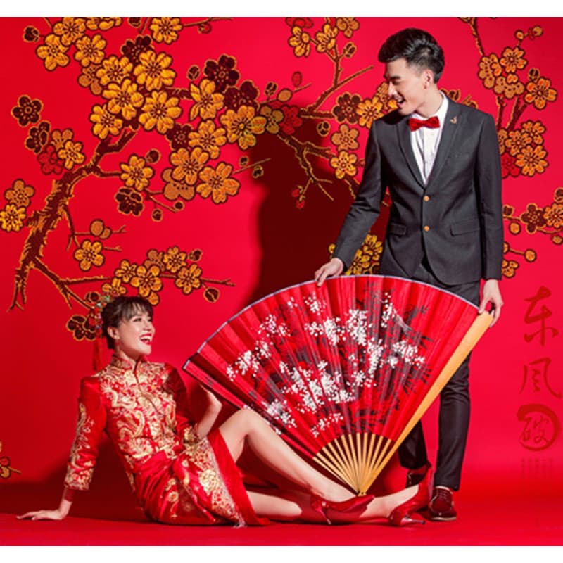 Quạt trang trí treo tường cỡ lớn, Quạt giấy trang trí tường khổng lồ hình hoa đào đỏ