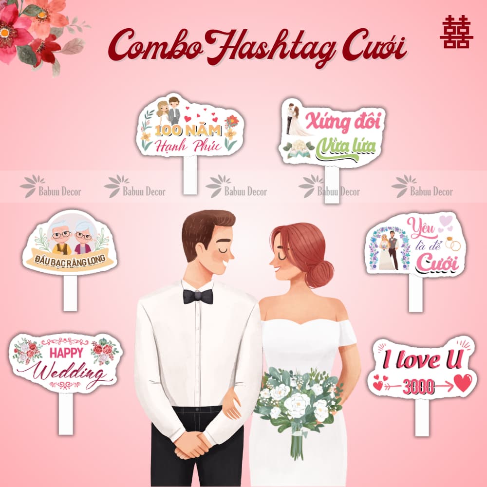 Combo Hashtag cưới cầm tay, biển trang trí cầm tay Lễ cưới