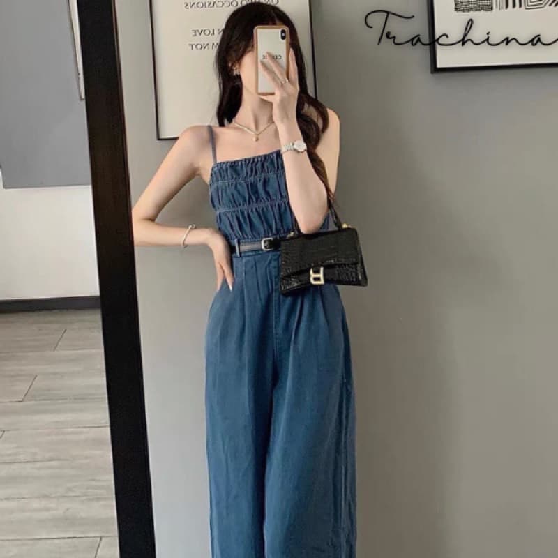 Jumpsuit Bò 2 Dây Dáng Lửng Tặng Kèm Đai Hàng Quảng Châu