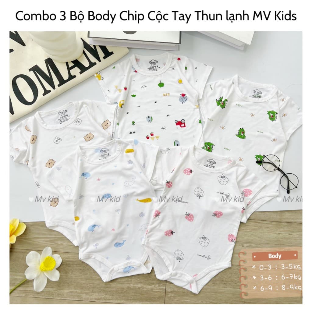 Body Chip Cộc Tay MV Kids Vải Petit Thun Lạnh Cho Bé Sơ Sinh – Body Cài Cúc Mềm Mại, Thoáng Mát