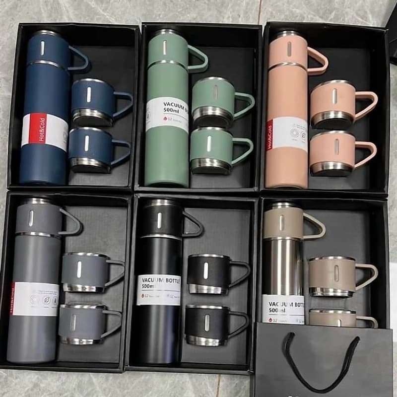 Bình Giữ Nhiệt Cao Cấp 500ML Lõi Inox 304 Tặng Kèm 2 Cốc Cách Nhiệt Làm Quà Tặng Sang Trọng