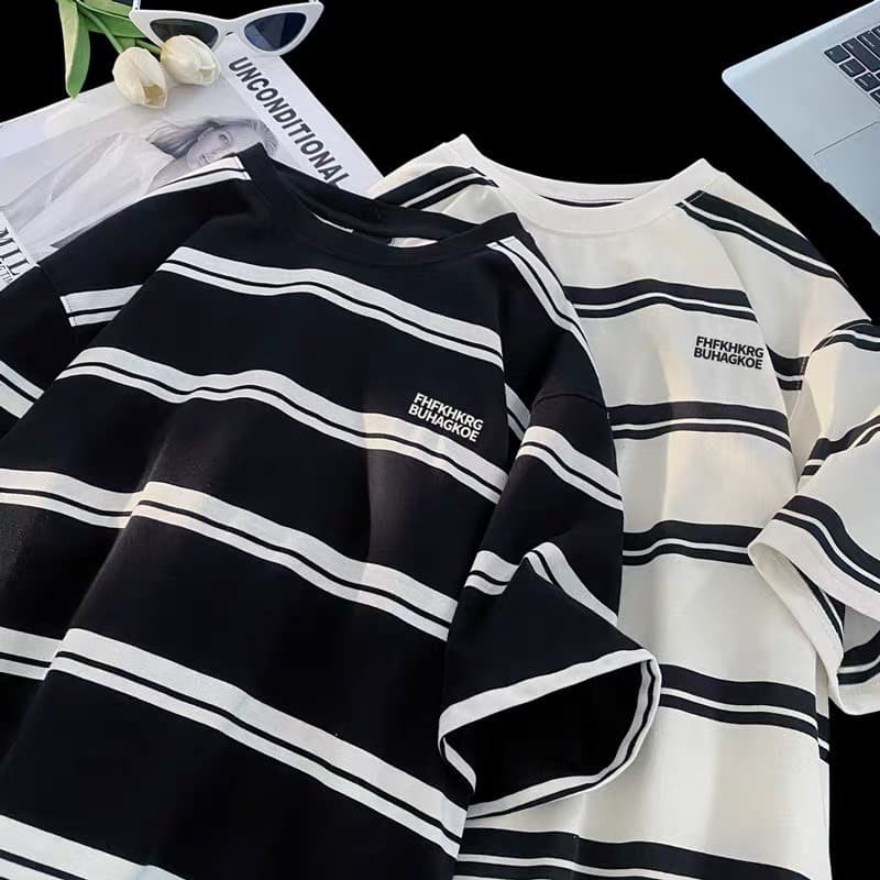 Áo Thun Nam Nữ  From Rộng Kẻ Sọc Ngang Áo Phông Unisex Chất Vải Poly Cotton Co Giãn 4 Chiều