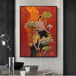Tranh canvas treo tường cô gái Việt xưa bên hoa sen decor art 60 x 90 cm 4