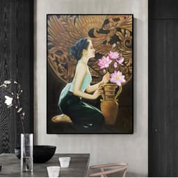 Tranh canvas treo tường cô gái Việt xưa bên hoa sen decor art 60 x 90 cm 5