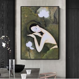 Tranh canvas treo tường cô gái Việt xưa bên hoa sen decor art 60 x 90 cm 1
