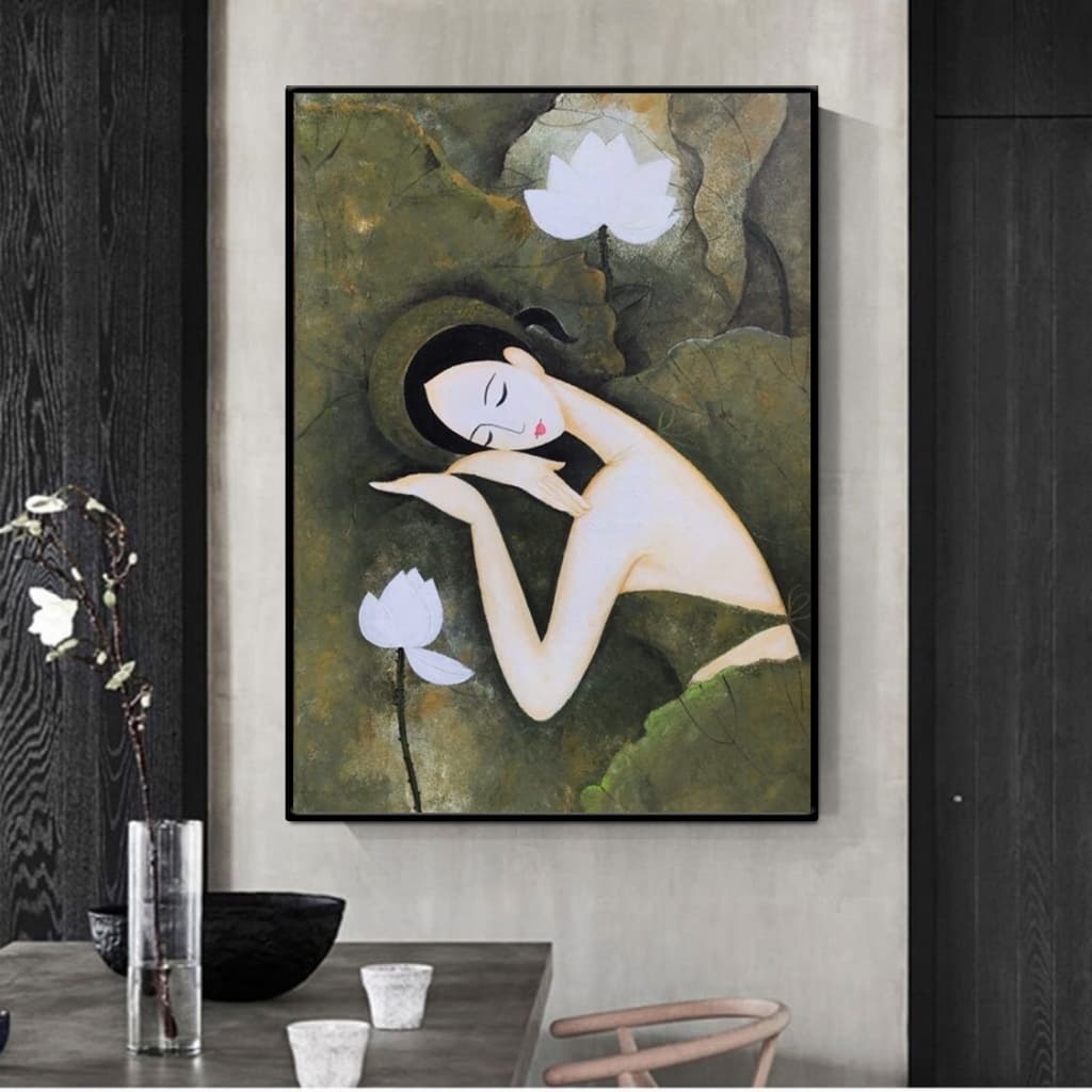 Tranh canvas treo tường cô gái Việt xưa bên hoa sen decor art 60 x 90 cm
