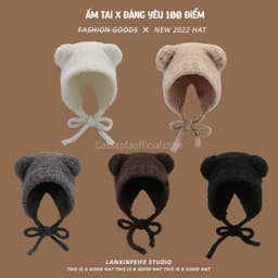 Mũ len tai gấu trùm đầu ấm mùa đông, mũ nón len nữ cute đáng yêu 1