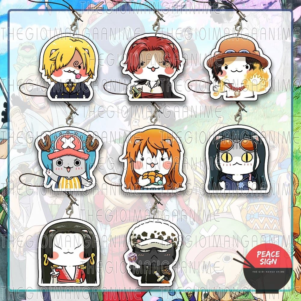 (mua 1 tặng 1) Móc dây treo điện thoại ONE PIECE ver MẶT MÈO in hình Đảo hải tặc anime chibi mica móc khoá