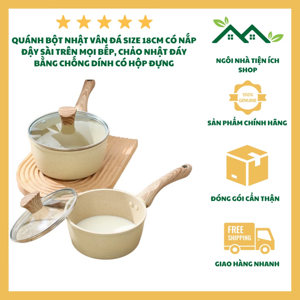 Quánh Bột Nhật Vân Đá Size 18cm Đáy Từ Dày Dặn, Nắp Kính Cường Lực, Chiên Xào Rán Đa Năng Tiện Lợi