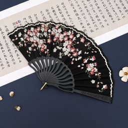Quạt xếp HOA ĐÀO TRONG GIÓ nan nhựa nhiều màu hồng đen đỏ phong cách cổ trang tập múa 7