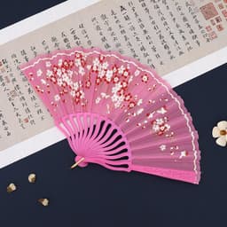 Quạt xếp HOA ĐÀO TRONG GIÓ nan nhựa nhiều màu hồng đen đỏ phong cách cổ trang tập múa 9