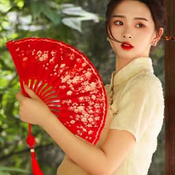 Quạt xếp HOA ĐÀO TRONG GIÓ nan nhựa nhiều màu hồng đen đỏ phong cách cổ trang tập múa 4
