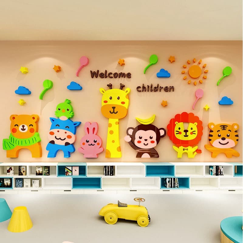 Tranh dán tường mica dán nổi welcome children trang trí lớp học, trường mầm non, trung tâm tiếng anh,khu vui chơi cho bé