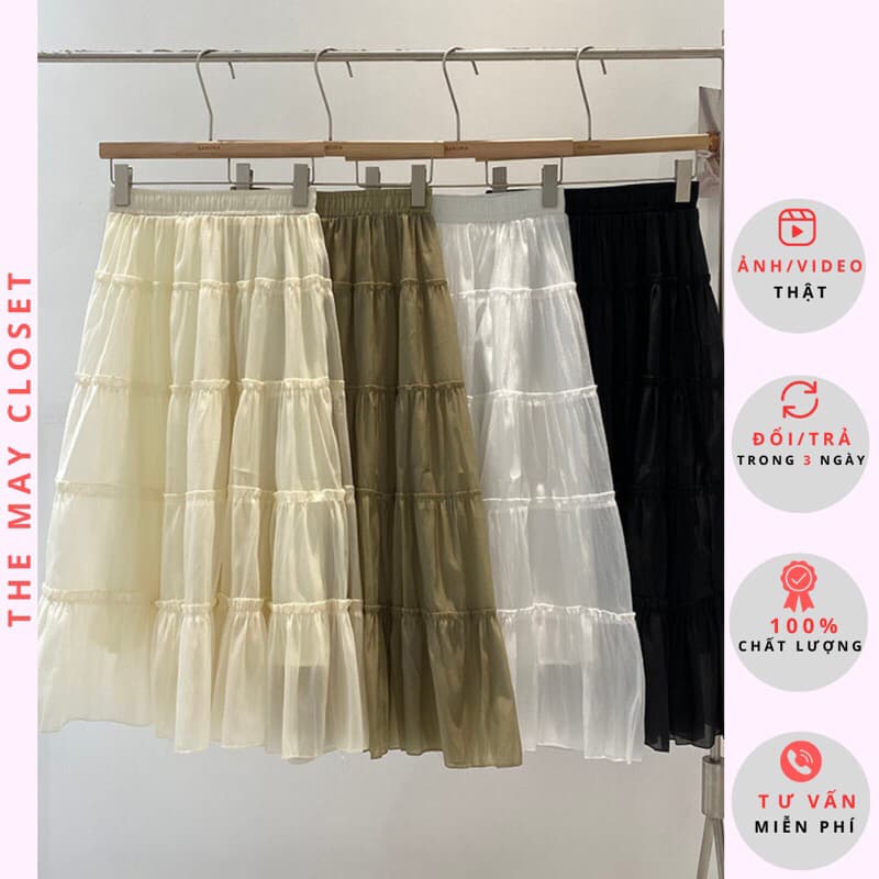 𝑨𝒏𝒏 𝑺𝒕𝒖𝒅𝒊𝒐 /Chân Váy Midi Nữ Dáng Dài Xòe Chất Voan Tơ 5 Tầng Viền Bèo Cạp Chun 2 Lớp Bồng Bềnh Siêu Tôn Dáng