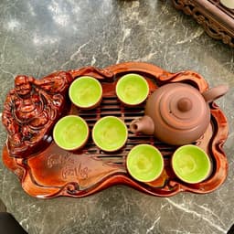 Khay Trà thần tài, tượng điêu khắc giả gỗ cực đẹp và sang trọng, Khay đựng ấm chén đẹp 3
