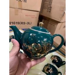 Bộ Ấm Chén Pha Trà Cao Cấp Màu Xanh Lục Bảo Vẽ Kẻ Vàng Kim Cực Samg Trọng , hot trend 3