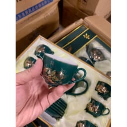 Bộ Ấm Chén Pha Trà Cao Cấp Màu Xanh Lục Bảo Vẽ Kẻ Vàng Kim Cực Samg Trọng , hot trend 2