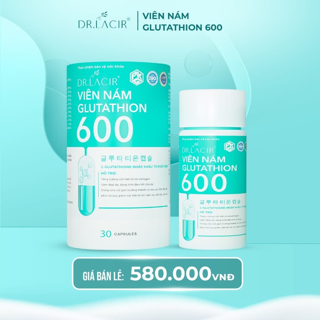 Viên Uống Glutathione 600 Drlacir Hộp 30 viên, Giúp trắng da, ngừa nám, nếp nhăn, cân bằng nội tiết tố nữ - davina