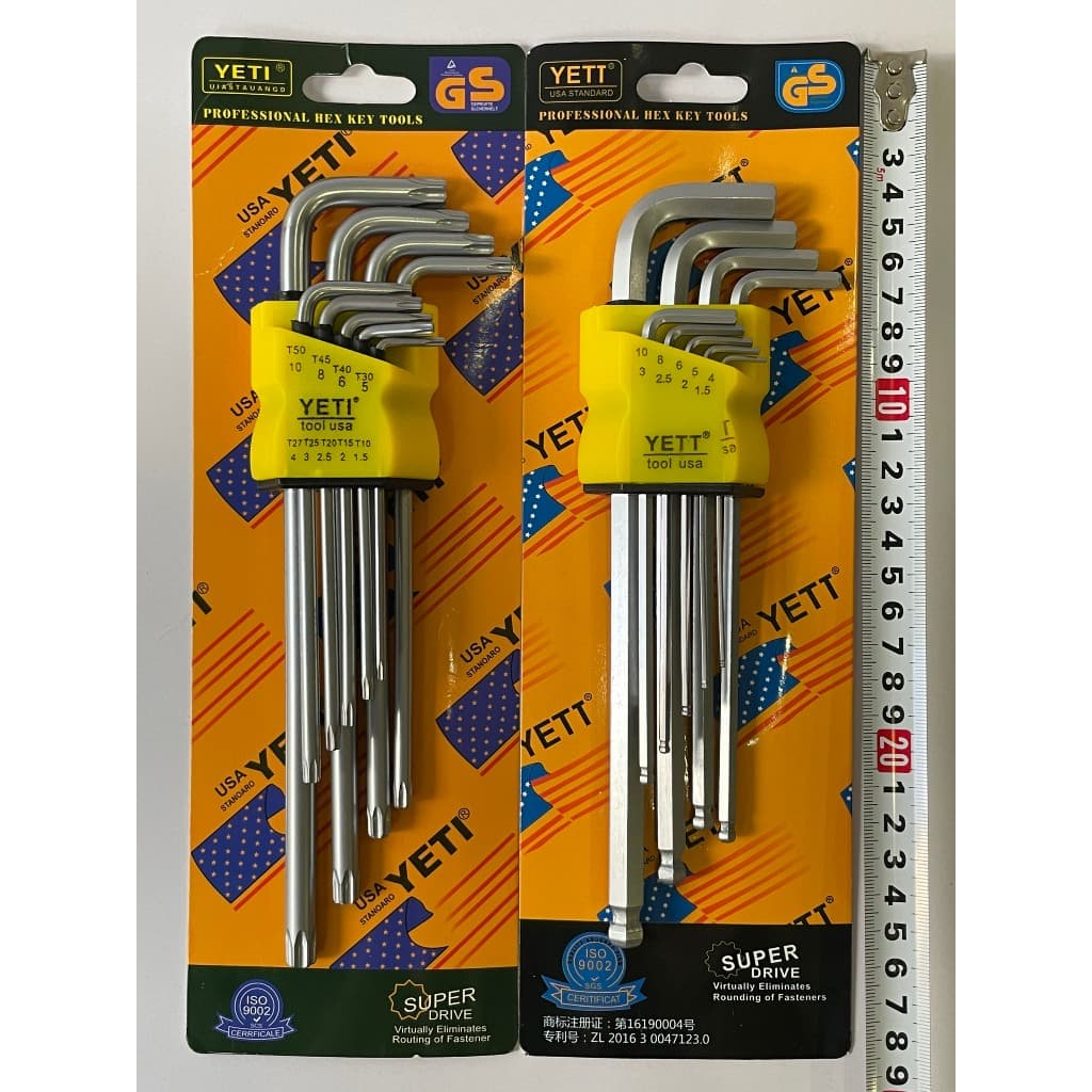 Bộ lục giác Yeti loại dài tiêu chuẩn đầu bi, đầu bông 9 món thép Chrome Vanadium siêu cứng, bền bỉ