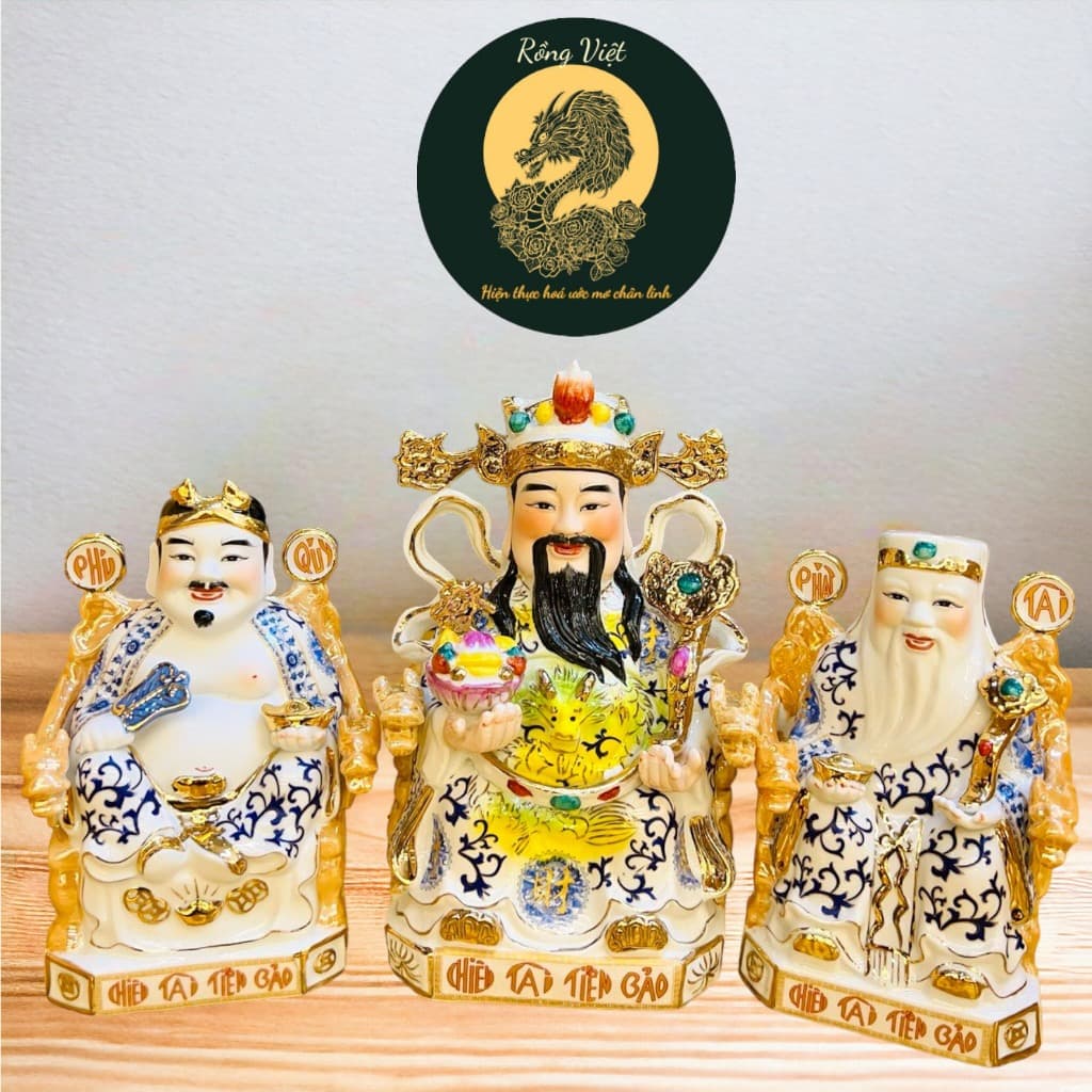 Tượng thần tài, thổ địa gấm xanh RỒNG VIỆT, tượng thần phát gốm sứ bát tràng cao cấp
