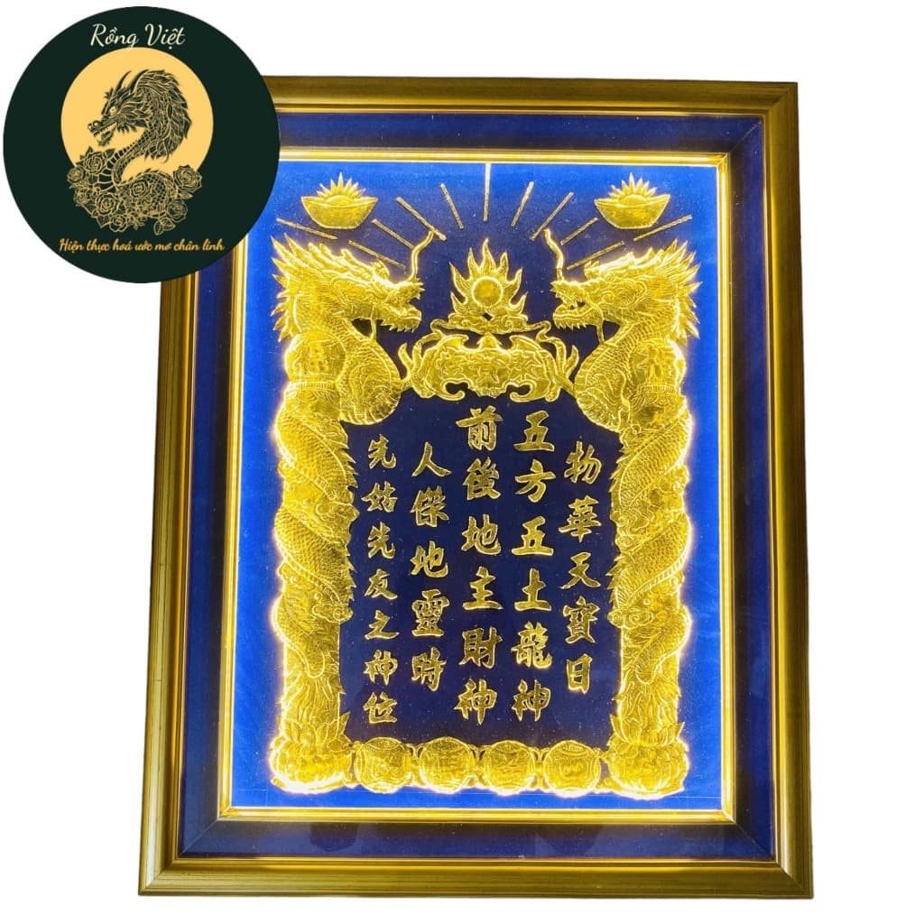 Bài vị thần tài thổ địa RỒNG VIỆT, bài vị dát vàng cao cấp có đèn, hoạ tiết rồng nổi trên nền nhung