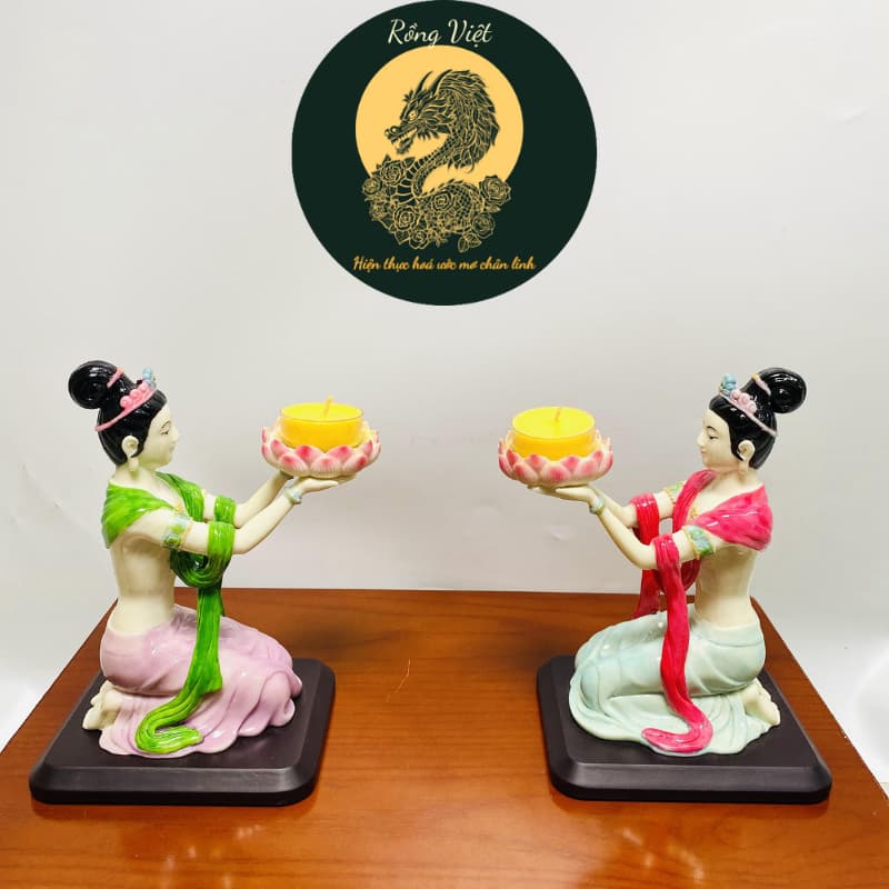 Cặp Tượng Tiên Nữ Dâng Đèn Rồng Việt với Cô Tiên Dâng Đèn Thần Tài – Chân Nến Tealight Cao Cấp.