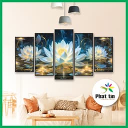 Bộ 5 tấm tranh ghép hoa sen, tranh decor phong hiện đại, tranh tráng gương dán tường không khung, có sẵn keo 2