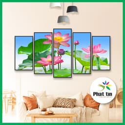 Bộ 5 tấm tranh ghép hoa sen, tranh decor phong hiện đại, tranh tráng gương dán tường không khung, có sẵn keo 3