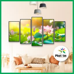 Bộ 5 tấm tranh ghép hoa sen, tranh decor phong hiện đại, tranh tráng gương dán tường không khung, có sẵn keo 4