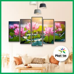 Bộ 5 tấm tranh ghép hoa sen, tranh decor phong hiện đại, tranh tráng gương dán tường không khung, có sẵn keo 5