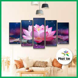 Bộ 5 tấm tranh ghép hoa sen, tranh decor phong hiện đại, tranh tráng gương dán tường không khung, có sẵn keo 6