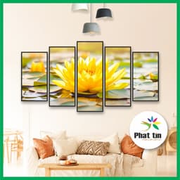 Bộ 5 tấm tranh ghép hoa sen, tranh decor phong hiện đại, tranh tráng gương dán tường không khung, có sẵn keo 7