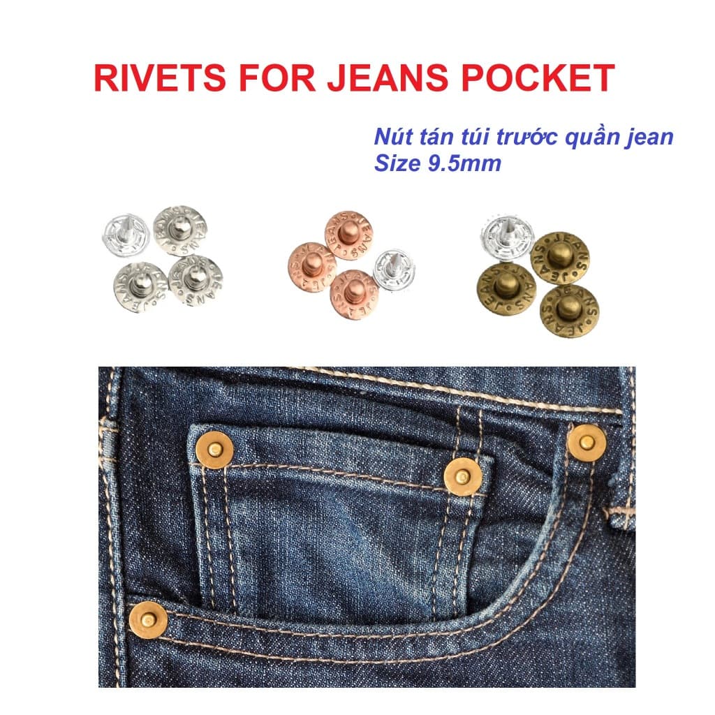 Nút quần jean (rivets for jeans pocket) 9.5mm Nút đóng túi Nút trang trí quần áo Hàng không gỉ sét Bịch 100 nút