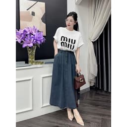Sét chân váy jean có chun lưng và áo phông miumiu  siêu xinh có bigsize 3